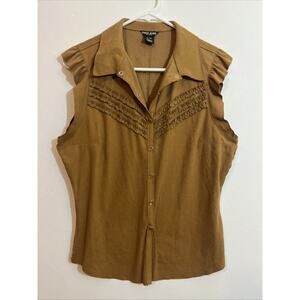 Y2K Pearl Snap Western Sleeveless Top L Ruffles Brown Faux Suede Collar Country
